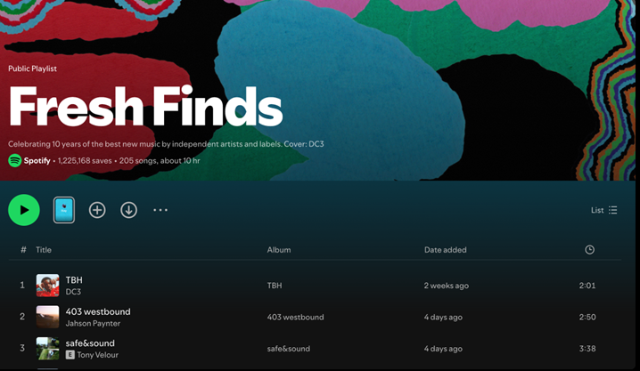 Spotify Fresh Finds playlist screenshot