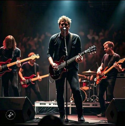 Spotlight on a lead singer with musicians behind him on stage