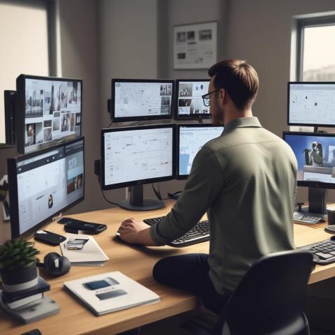 Male seated at desk looking at eight computer screens