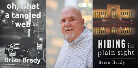 Brian Brady headshot in between the covers of his first two books Brian Brady headshot in between the covers of his first two books