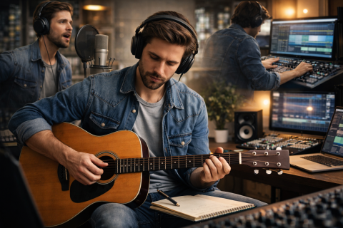 The same creator is shown three times: singing, playing guitar, and at the recording console