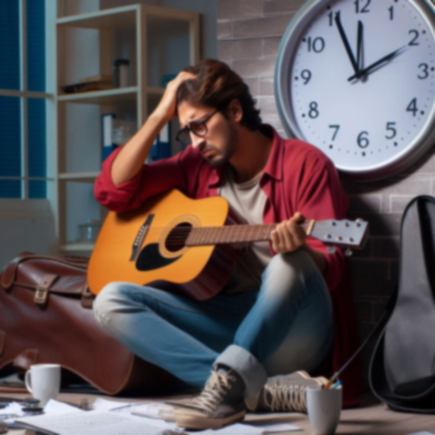 Male seated on floor with head in hand, holding guitar, with large clock on wall behind him