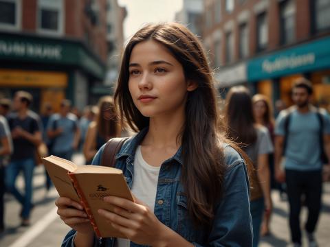 Girl on busy street corner holding book open with people behind her