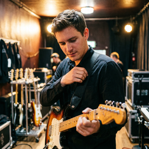 A musician backstage looking down thoughtfully at his guitar, with the strap for it around his neck