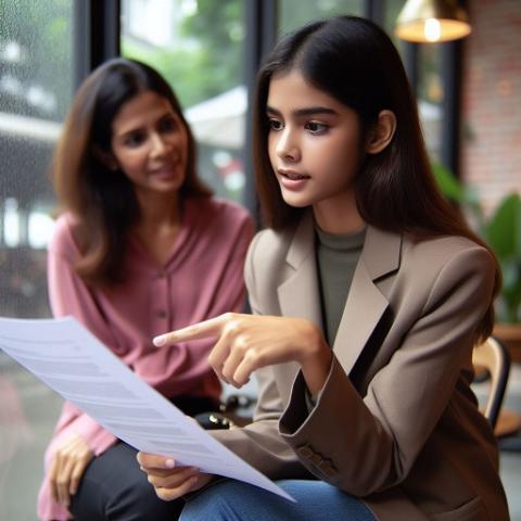 Seated next to another girl, a girl talks while pointing at a piece of paper