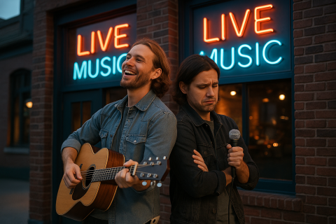 Two performers with opposite expressions outside a live music venue. One holds a guitar and smiles while the other holds a microphone and looks quite frustrated.