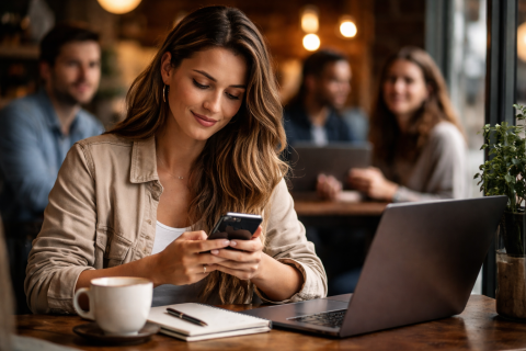 A girl sitting at her laptop in a coffee shop looks at her smartphone while others seated behind look at her